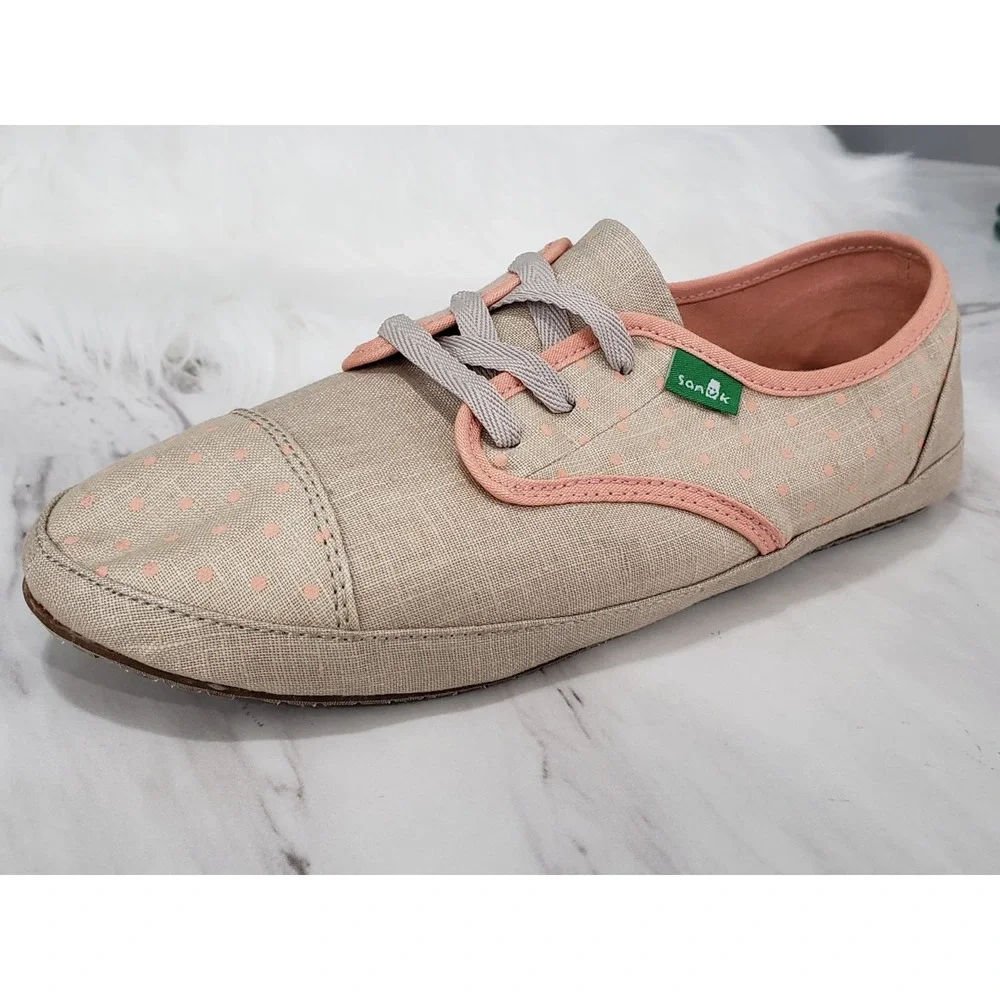 Sanuk Sock Hop Beige Pink Polka Dot Womens Sneakers SWF10602 Size 8 NEW